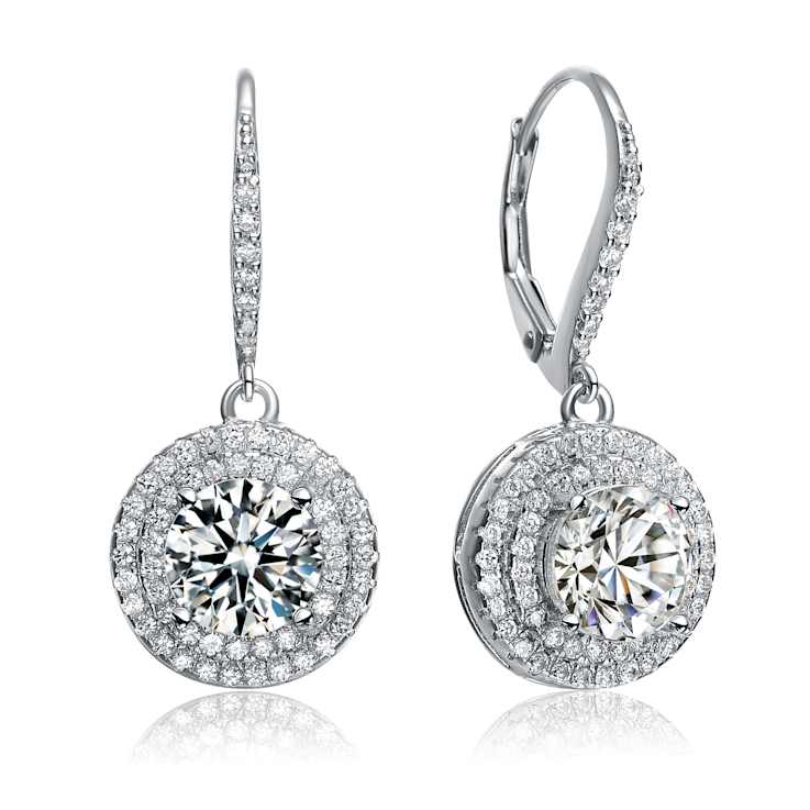 CZ Halo Drop Earrings In Sterling Silver
