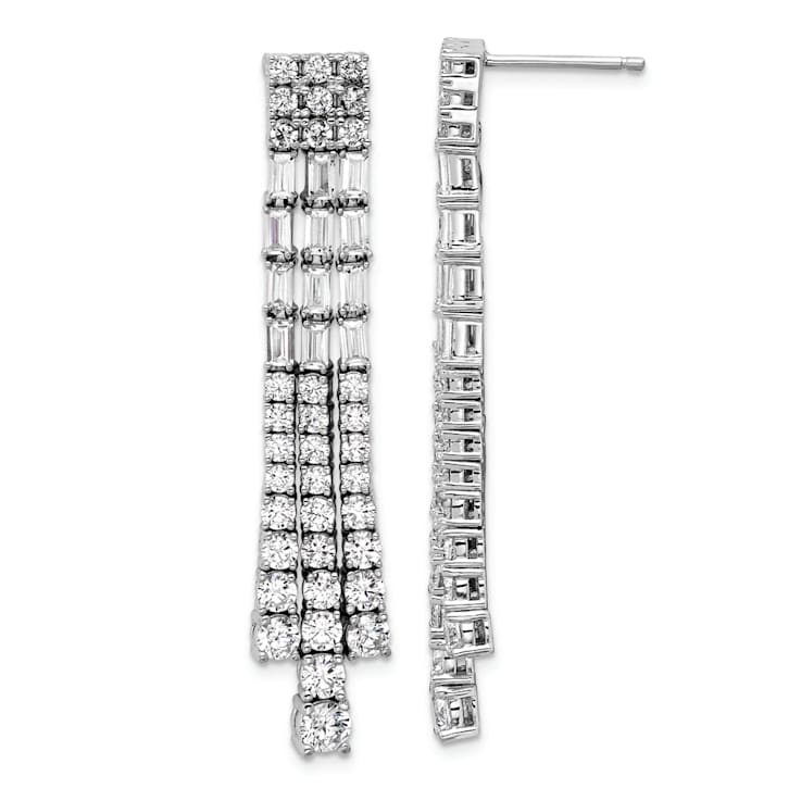Rhodium Over Sterling Silver Polished Fancy 3-Row Cubic Zirconia Post
Dangle Earrings