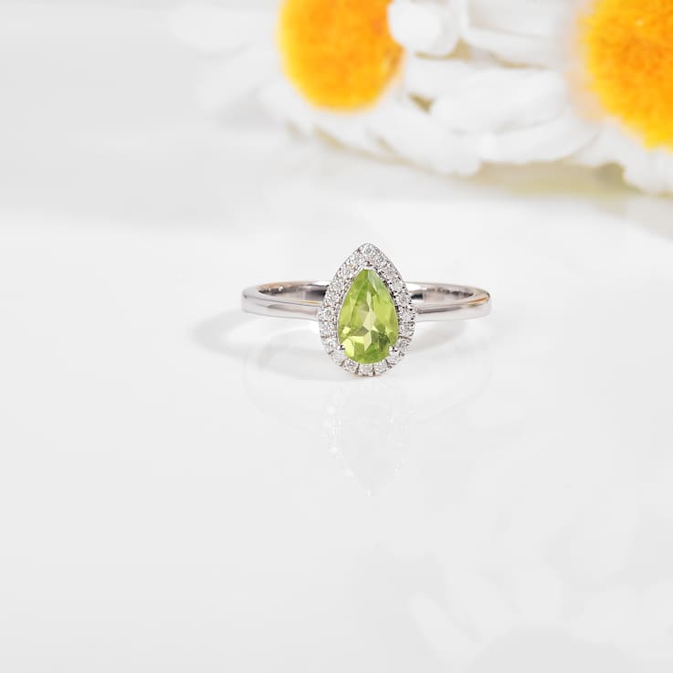 Pear Shape Peridot with Moissanite Accents Rhodium Over Sterling Silver Ring