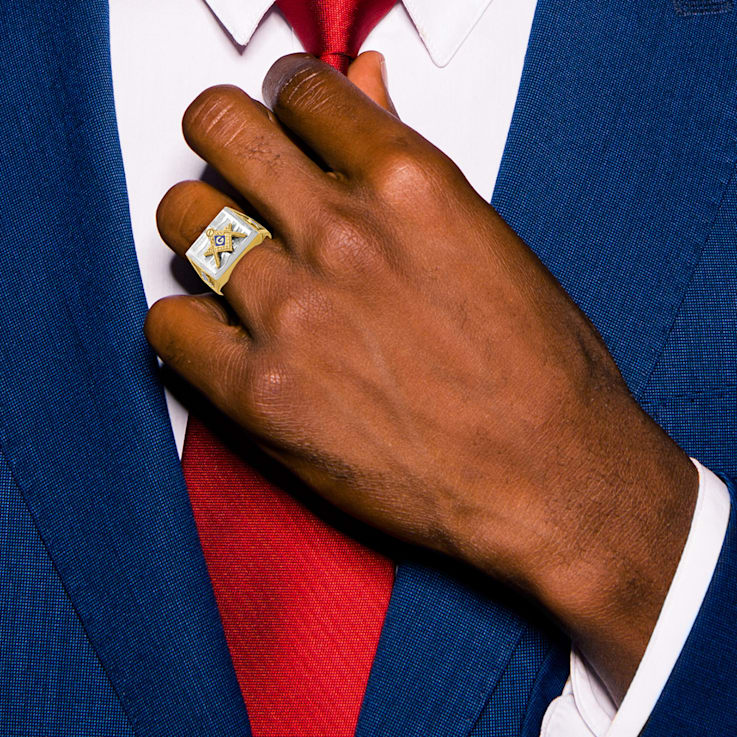 10K Two-Tone Yellow and White Gold Men's Textured Blue Lodge Master Masonic  Ring