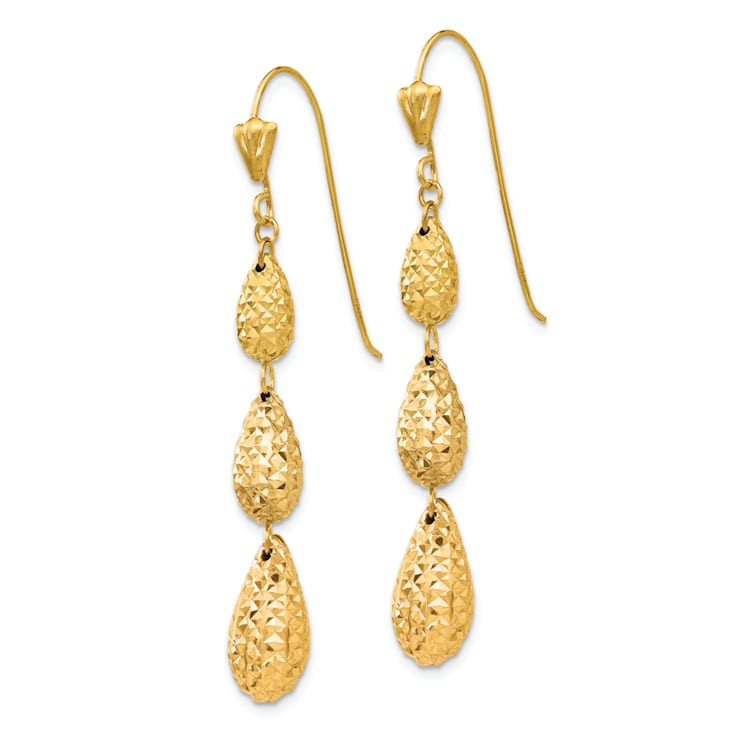 14k Yellow Gold Puff Diamond-Cut Teardrop Dangle Earrings