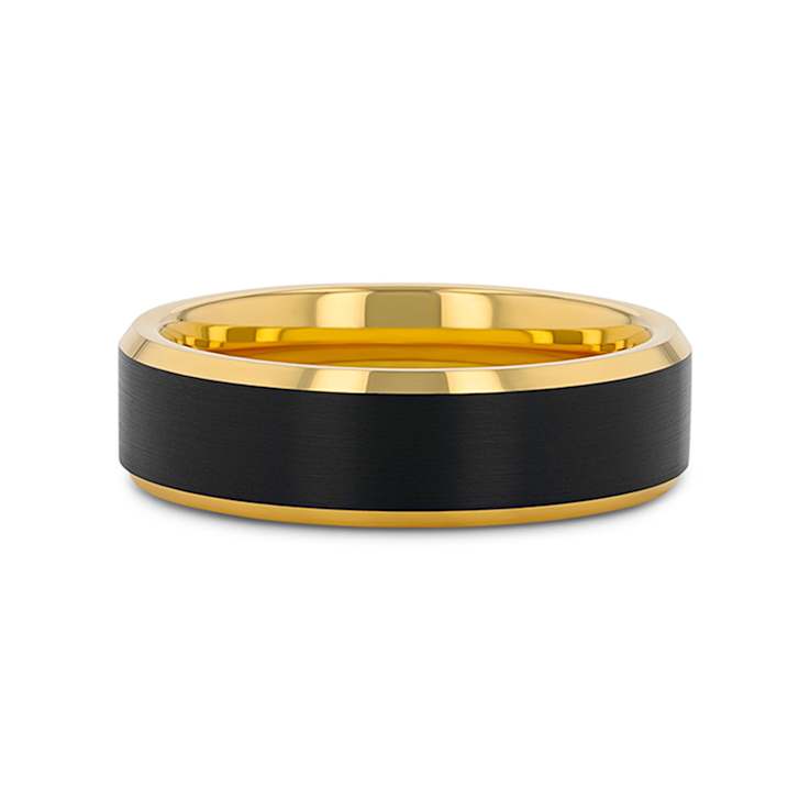 GASTON Gold Plated Tungsten Polished Beveled Ring with Brushed Black
Center 6mm