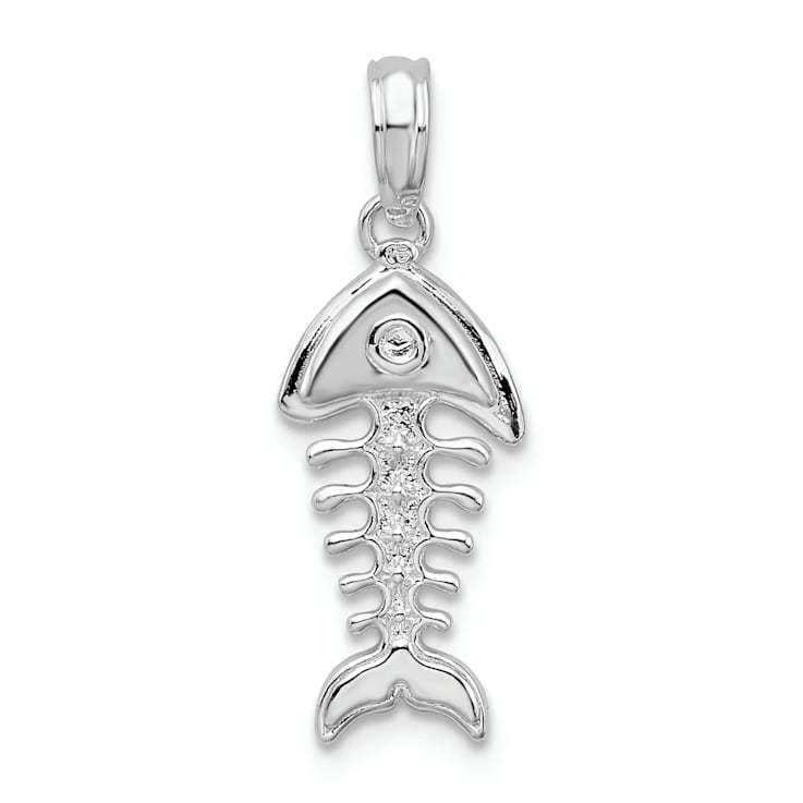 Rhodium Over Sterling Silver Polished 3D Fishbone Pendant