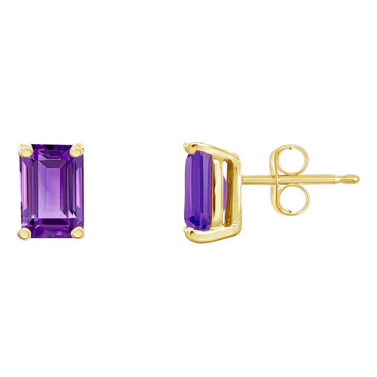 6x4mm Emerald Cut Amethyst 14k Yellow Gold Stud Earrings