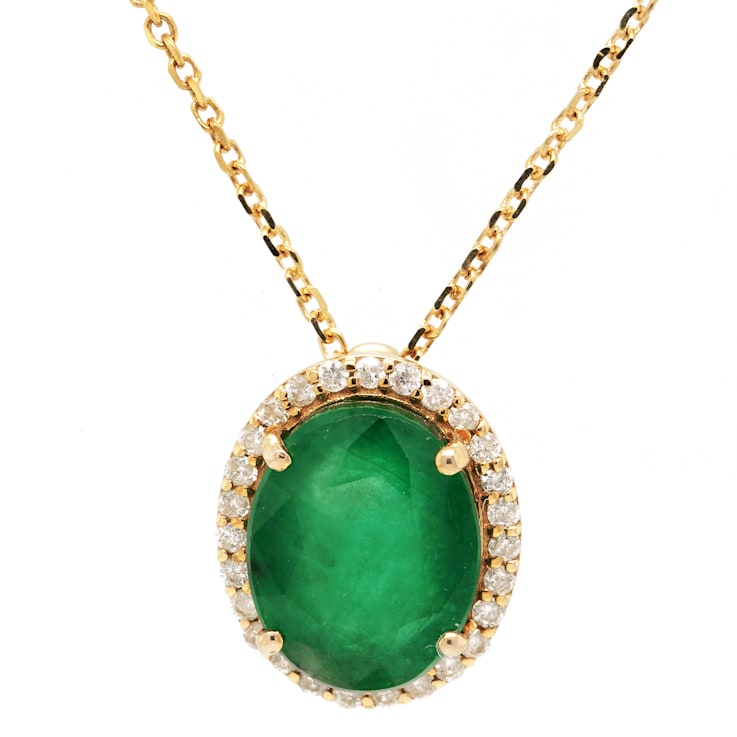 4.11 Ctw Emerald and 0.20 Ctw White Diamond Pendant in 14K YG