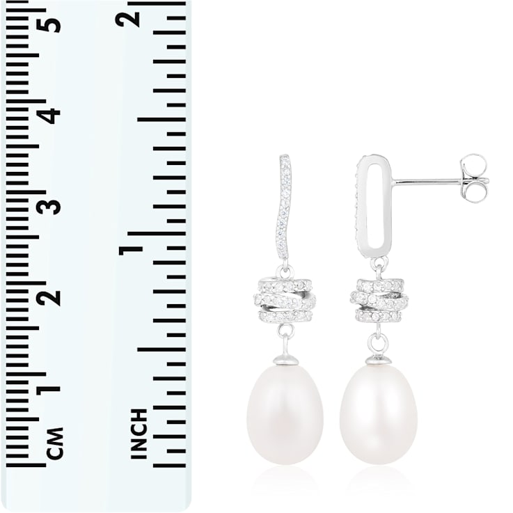 White Cultured Freshwater Pearl and Cubic Zirconia Rhodium Over Sterling
Silver 8-9mm Drop Earrings