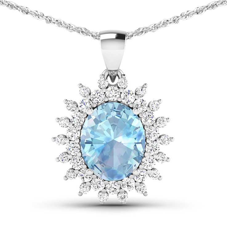 Oval Blue Aquamarine and White Diamond 14K White Gold Halo Pendant with
Cable Chain 2.70ctw