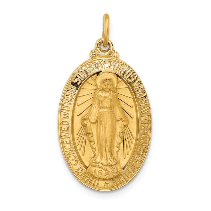 14k Yellow Gold Solid Polished and Satin Medium Oval Miraculous Medal Pendant