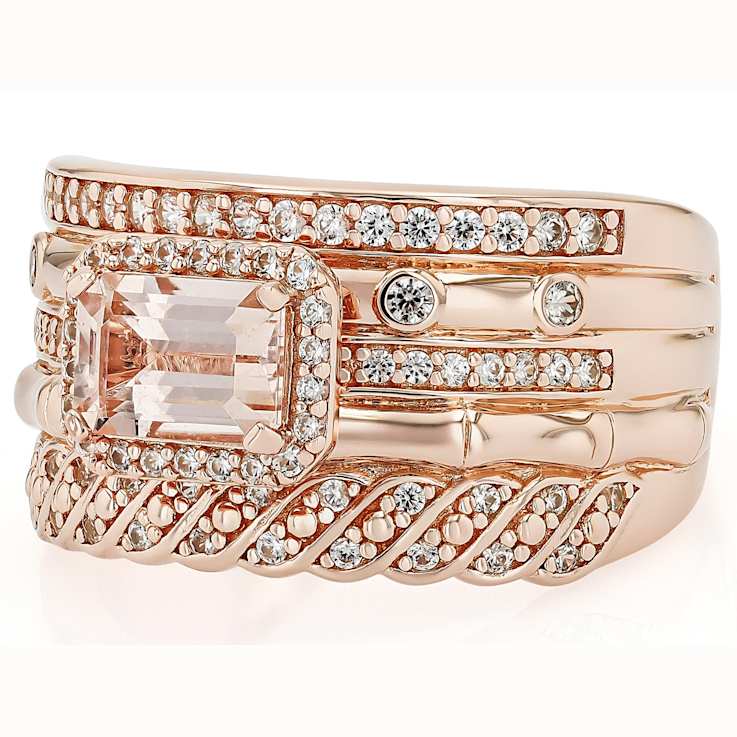 Morganite Rectangular Octagonal And White Zircon Ring In 18K Rose Gold
Over Sterling Silver 1.41ctw
