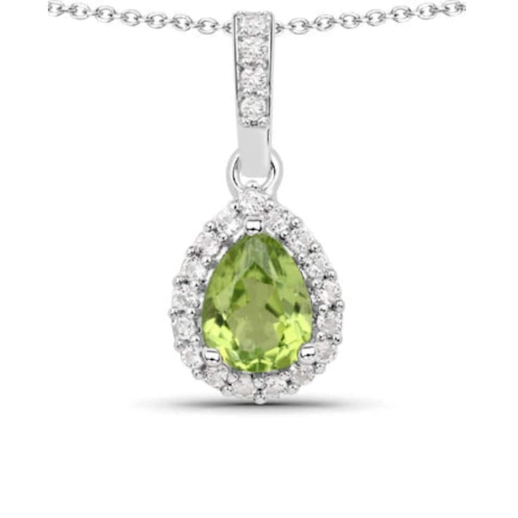 Pear Shape Peridot with Moissanite Accents Rhodium Over Sterling Silver
Pendant with Chain