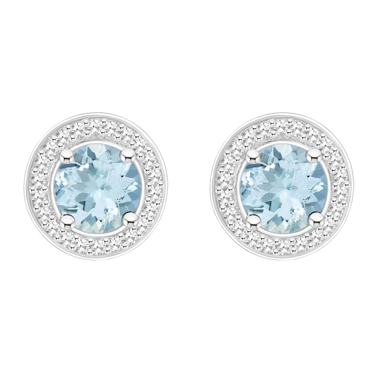 6mm Round Aquamarine 1/5 ctw Diamond Rhodium Over Sterling Silver Halo
Stud Earrings