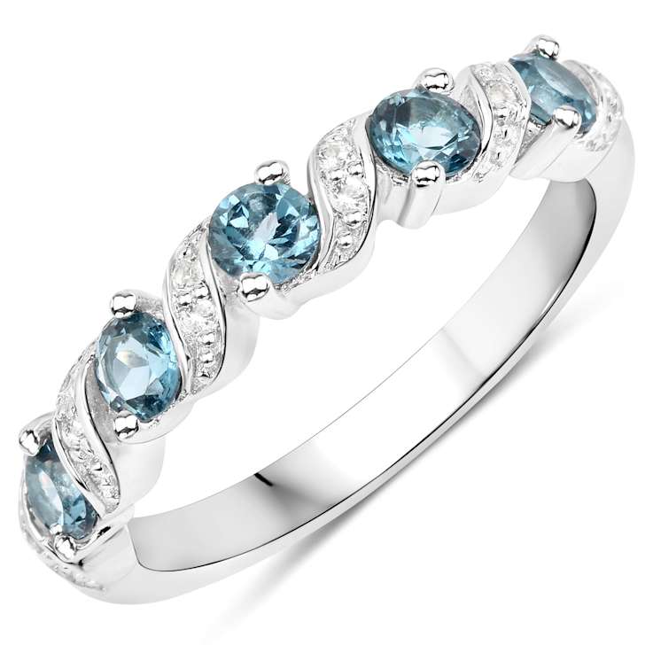 London Blue Topaz and White Topaz Sterling Silver 5 five Stone Band Ring