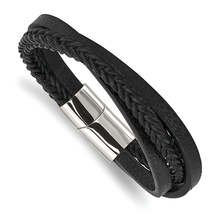 Black Leather and Stainless Steel Polished Multi-Strand 8.25-inch Bracelet