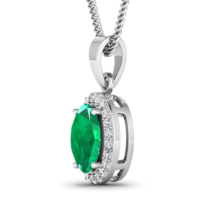 Green Zambian Emerald and White Diamond 14K White Gold Pendant with 18
inch Cable Chain 1.65ctw