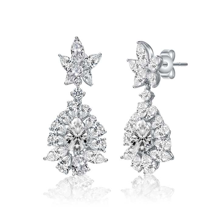 CZ Snowflake Cluster Drop Earrings In White Rhodium Over Brass