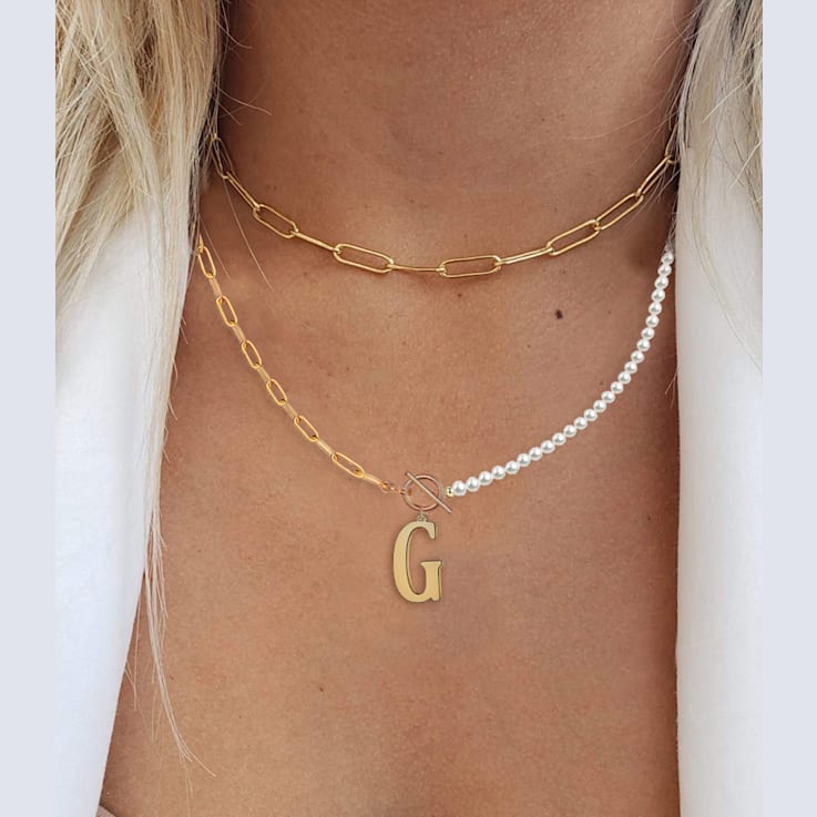 14K Gold Over Brass Initial Pearl Simulant Link Chain Necklace Letter G
