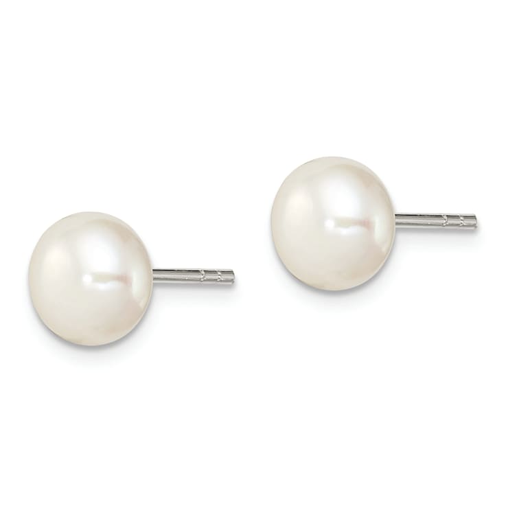 Sterling Silver White Freshwater Cultured Pearl 7-8mm Button Earrings