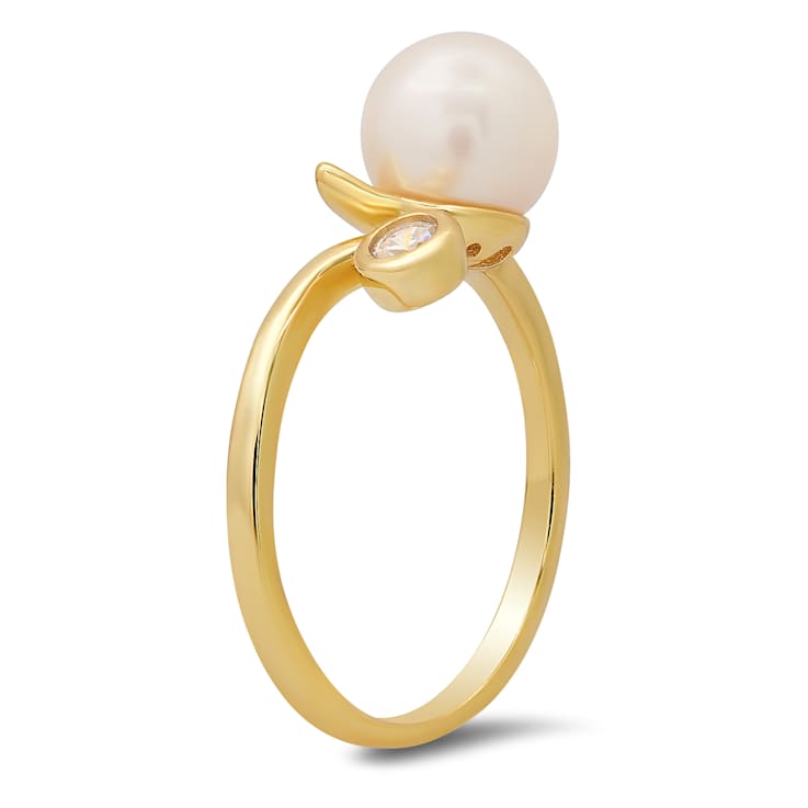 White Cubic Zirconia and 8mm Cultured Freshwater Pearl 14k Yellow Gold
Over Silver Cat Ring 0.10ctw