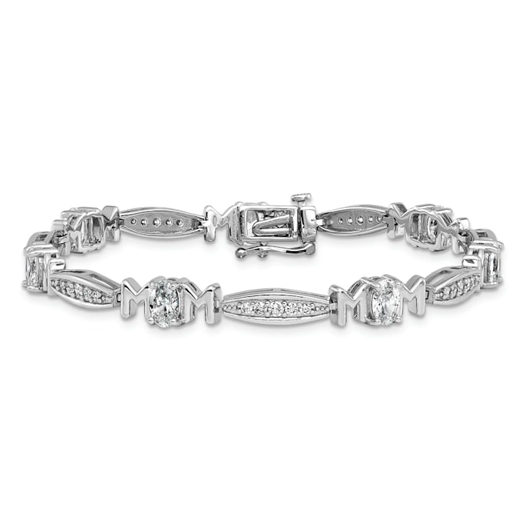 Rhodium Over Sterling Silver Cubic Zirconia Mom with Safety Clasp Bracelet