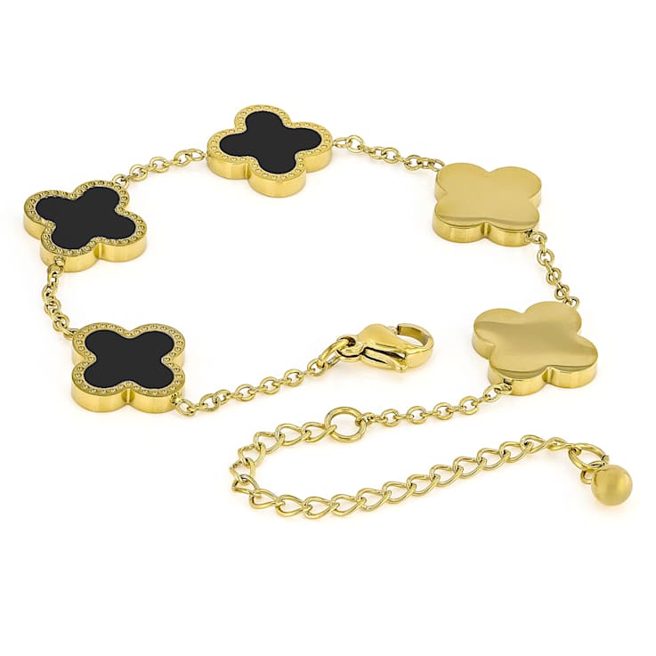 Black Enamel Clover Station Bracelet In Gold Tone StaInless Steel