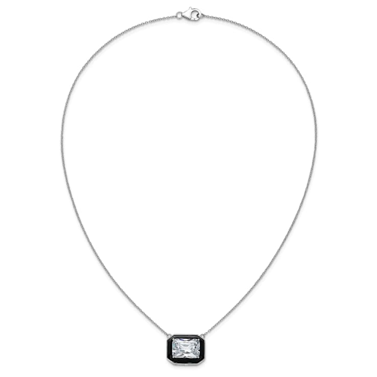 Rhodium Over Sterling Silver Polished Black Enamel and Cubic Zirconia Necklace
