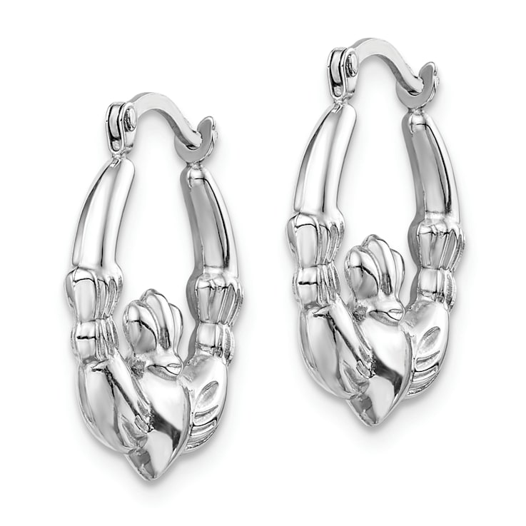 Rhodium Over 14k White Gold Textured 11/16" Claddagh Hoop Earrings
