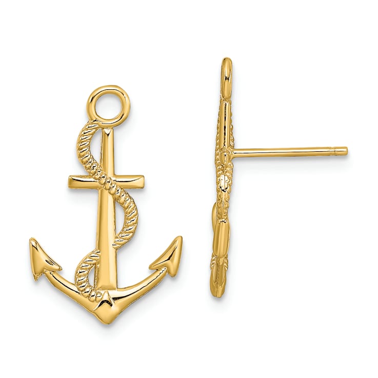 14k Yellow Gold Polished Textured Anchor with Rope Stud Earrings