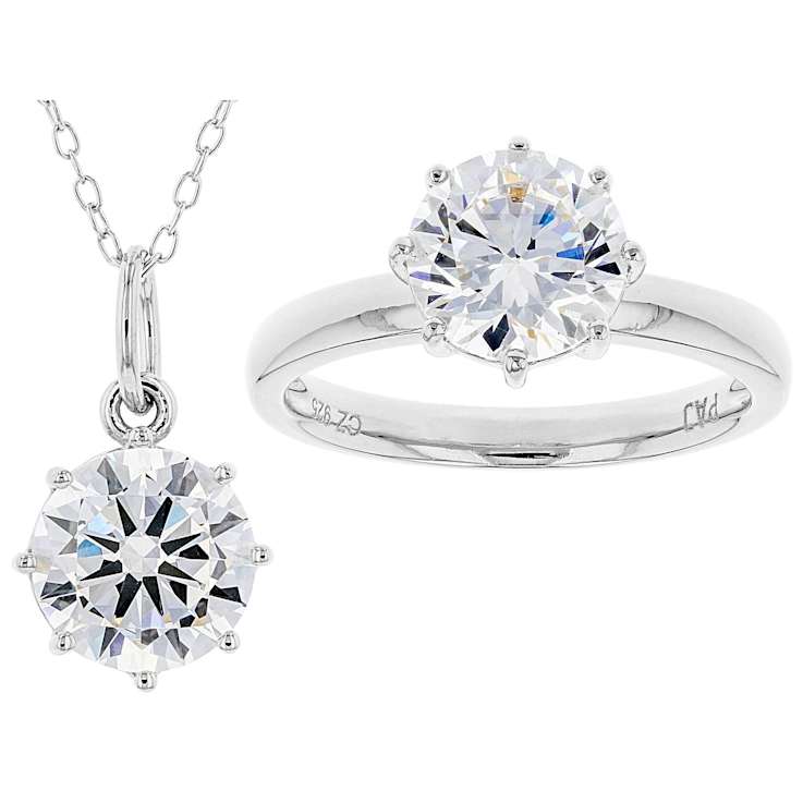 Solitaire CZ Pendant And Ring Set in Sterling Silver