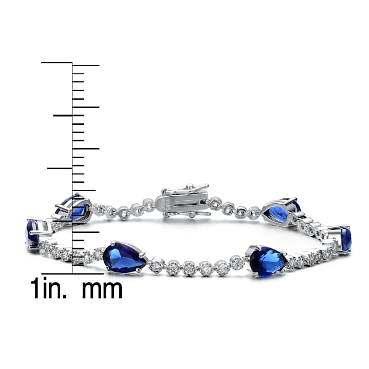 Sapphire Color CZ Pear Shape Tennis Bracelet In White Rhodium Over Brass