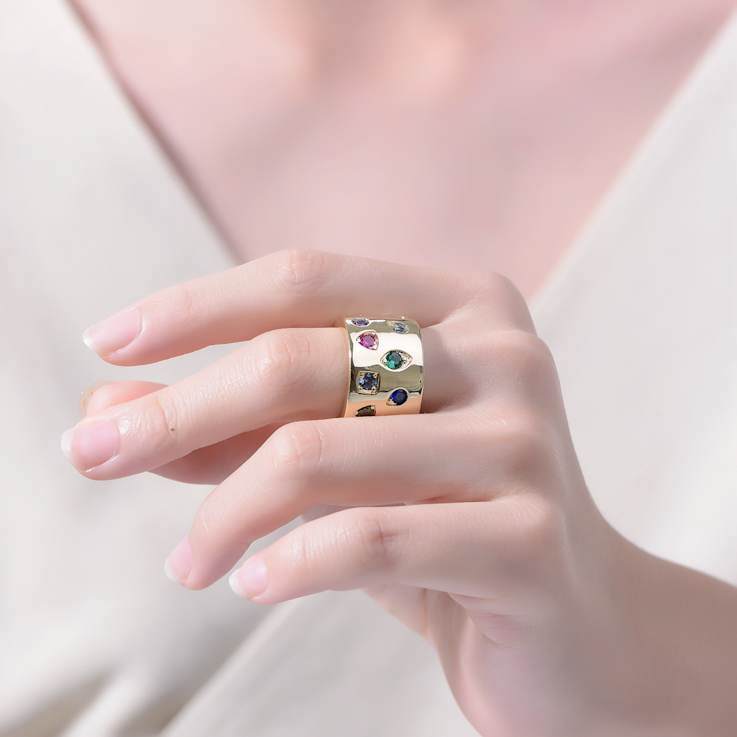 Multi-Color CZ Wide Band Ring In 14K Gold Over Brass