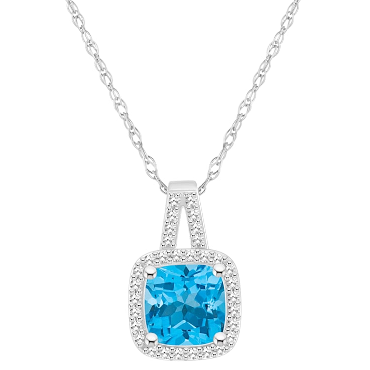 7mm Cushion Blue Topaz 1/6 ctw Diamond Rhodium Over Sterling Silver Halo
Pendant with Chain