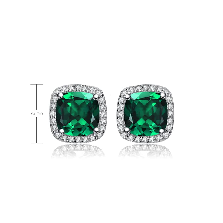 Emerald Color CZ Halo Stud Earrings In Sterling Silver