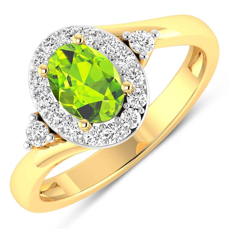 0.9ctw Green Peridot and Diamond 14K Yellow Gold Halo Ring