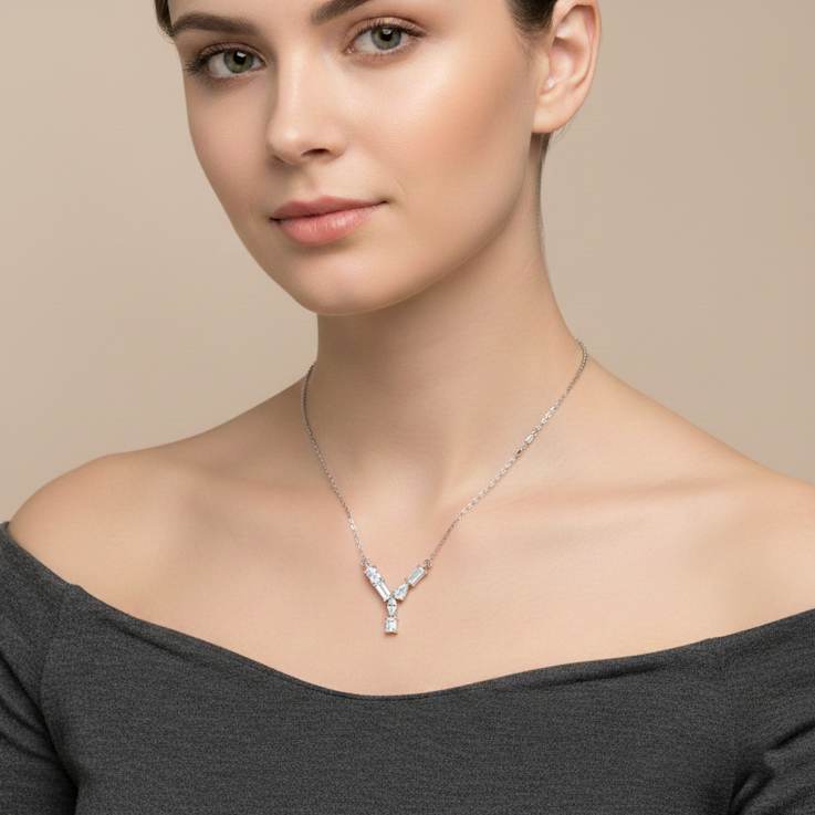 Initial Y Mixed Cut CZ Pendant Necklace In Sterling Silver 18 Inch