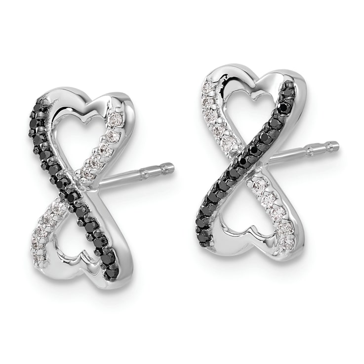 Rhodium Over 14k White Gold Black and White Diamond Infinity Heart Stud Earrings