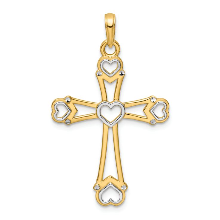 14K Two-tone Gold  Diamond-Cut Cross with Hearts Pendant