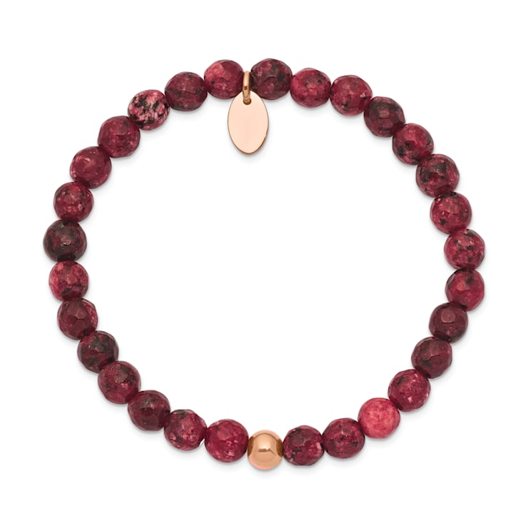 Rose Stainless Steel Polished Red Jade Stretch Bracelet