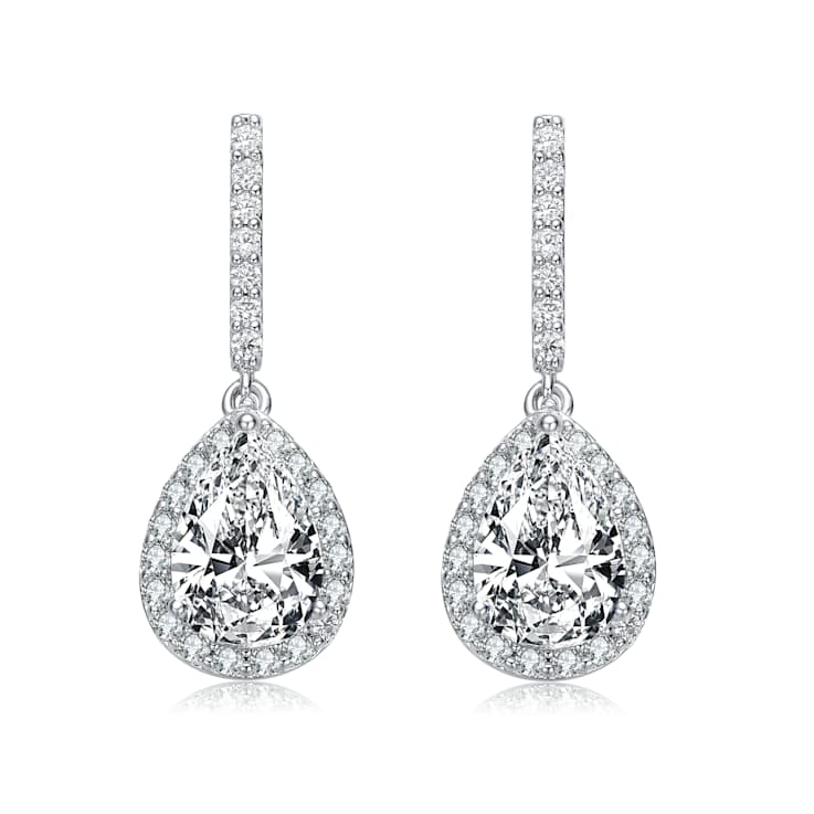 Pear Shape CZ Halo Linear Drop Earrings In Sterling Silver