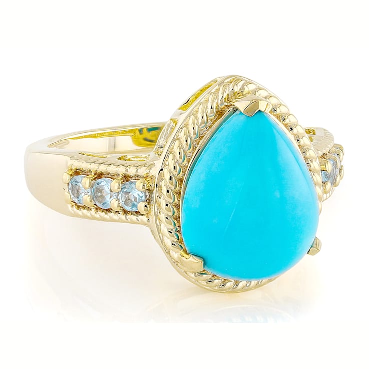 Turquoise Pear With Blue Topaz Ring In 18K Gold Over Sterling Silver 0.23ctw