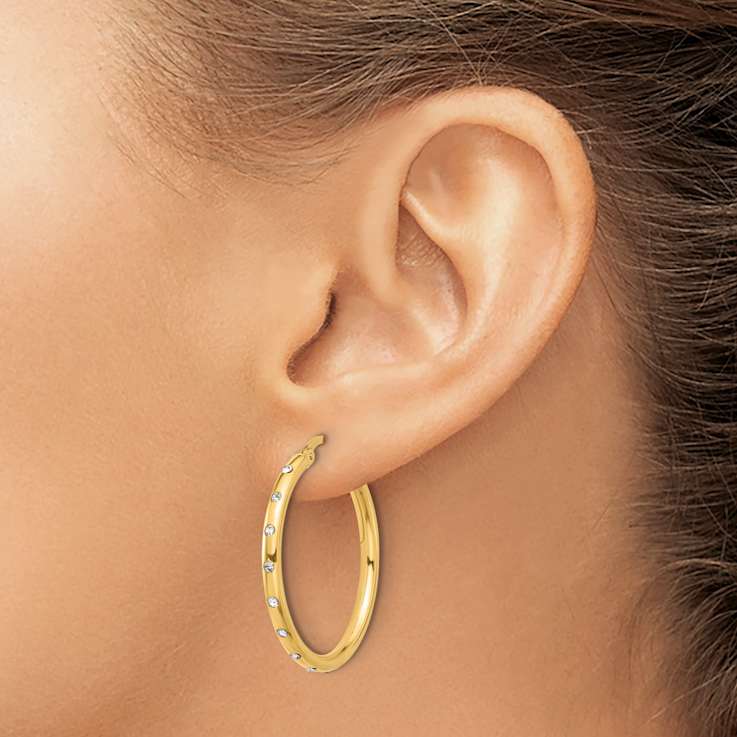 14k Yellow Gold 1 1/4" Polished Cubic Zirconia Hoop Earrings