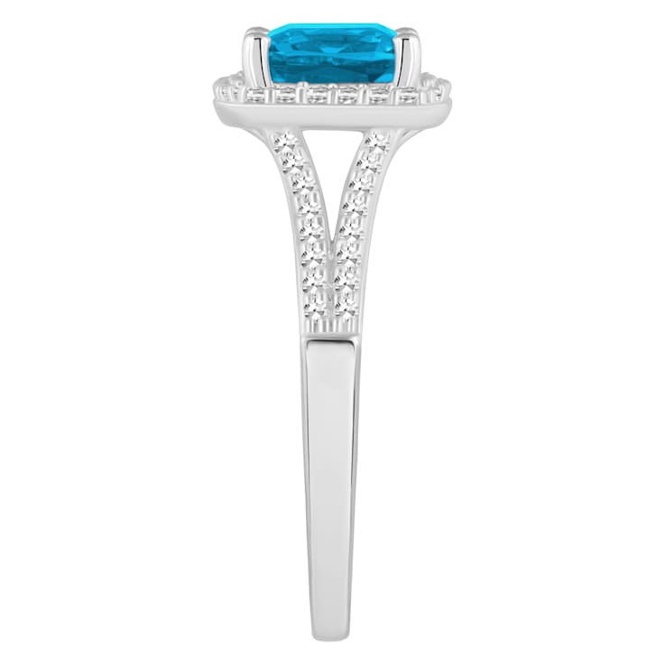 7mm Cushion Blue Topaz 1/4 ctw Diamond Rhodium Over Sterling Silver Halo Ring