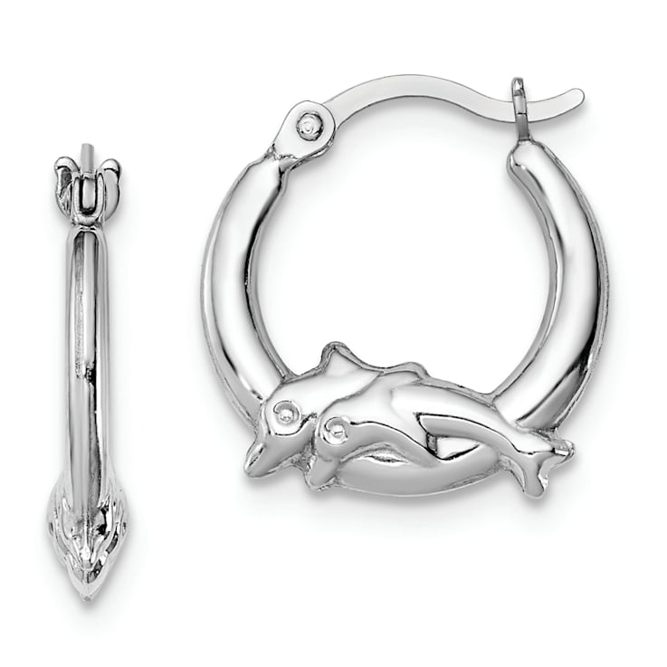 Rhodium Over Sterling Silver Polished Dolphin Round Hoop Earrings
