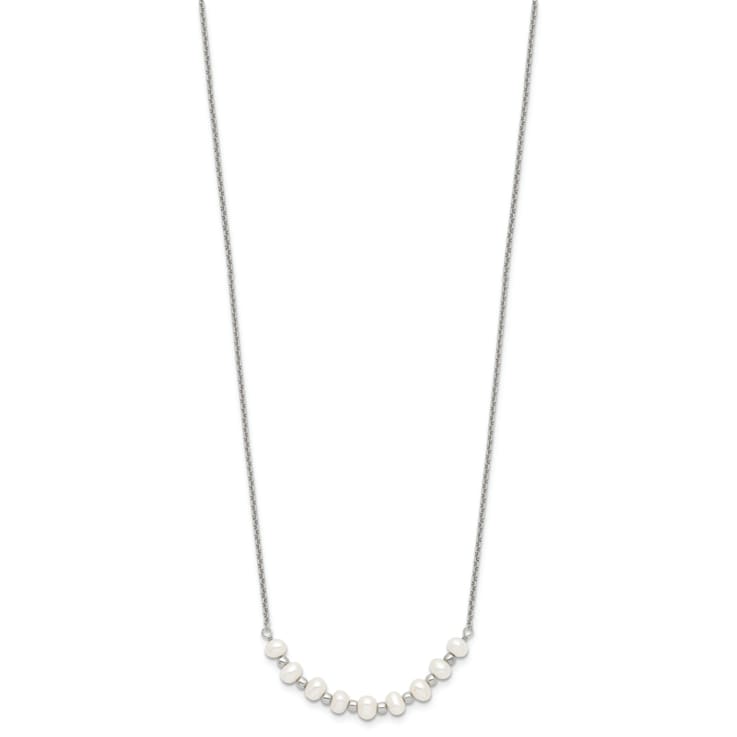 Rhodium Over Sterling Silver Beaded 3-4mm Freshwater Cultured Pearl
Curved Necklace