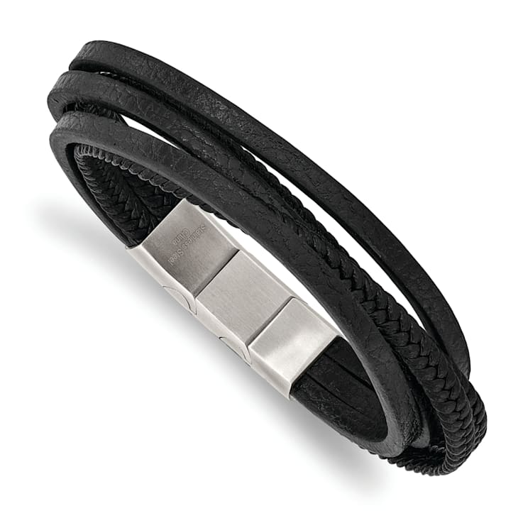 Black Faux Leather and Stainless Steel Polished Multi Strand with
0.5-inch Extension Bracelet