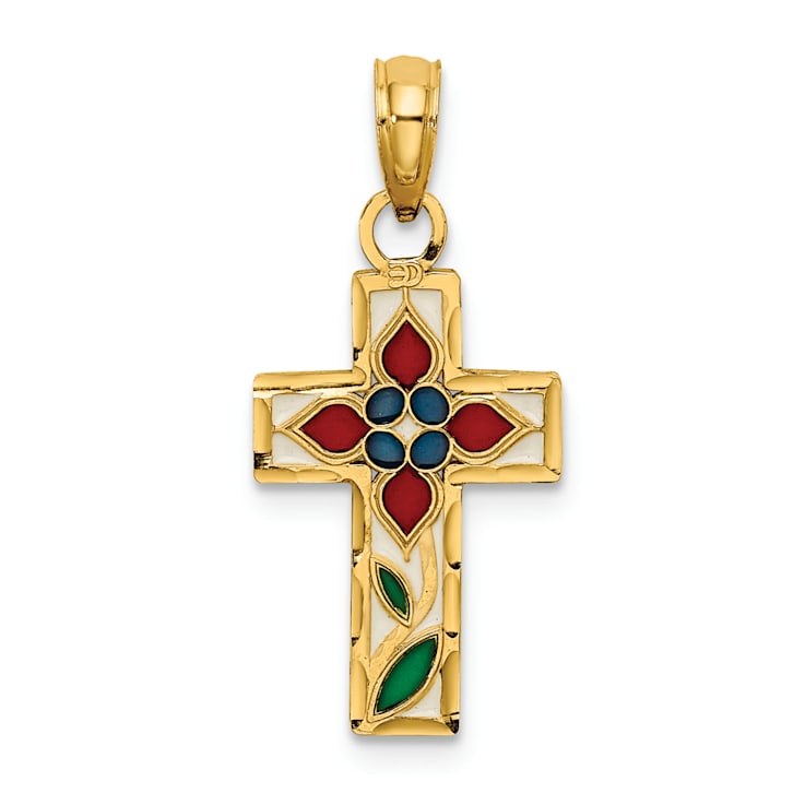 14k Yellow Gold Enameled with Flower Cross Charm