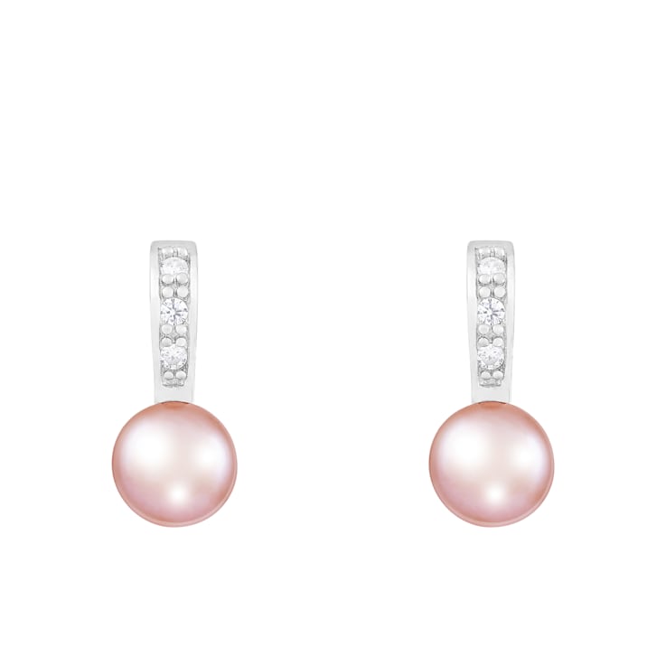 8-8½mm Pink Cultured Freshwater Pearl and Cubic Zirconia Rhodium Over
Sterling Silver Earrings