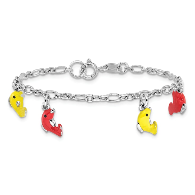 Sterling Silver Polished and Enameled Dolphins Children's 6-inch Bracelet
