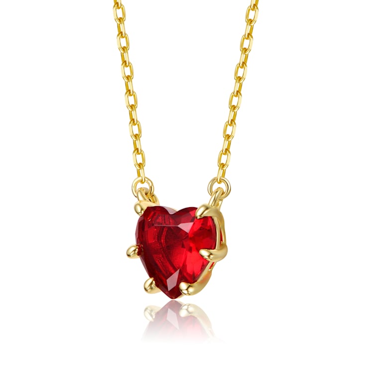 Ruby Color CZ Heart Solitaire Necklace In 14K Gold Over Brass