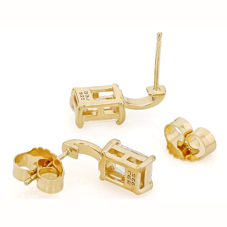 Diamond Simulant Rectangular Earrings In 18K Gold Over Sterling Silver