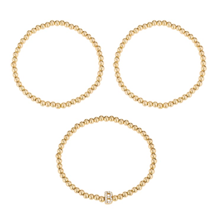 Initial B CZ Beaded Bracelet Set In 14K Gold Over Brass 0.16ctw